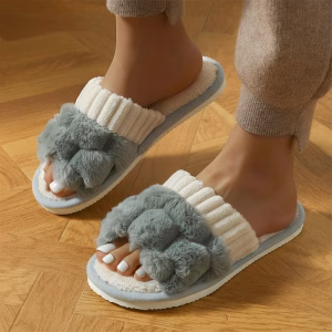 open toe slippers, plush slippers, cute home slippers, warm house shoes,