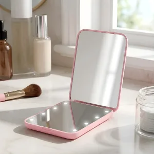 vanity mirror, makeup mirror, makeup mirror with light, compact mirror, cosmetic mirror with light, portable cosmetic mirror, folding cosmetic mirror